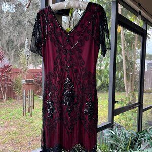 Babeyond Dress Womens L Red Sheer Black Mesh Beaded Fringe Midi